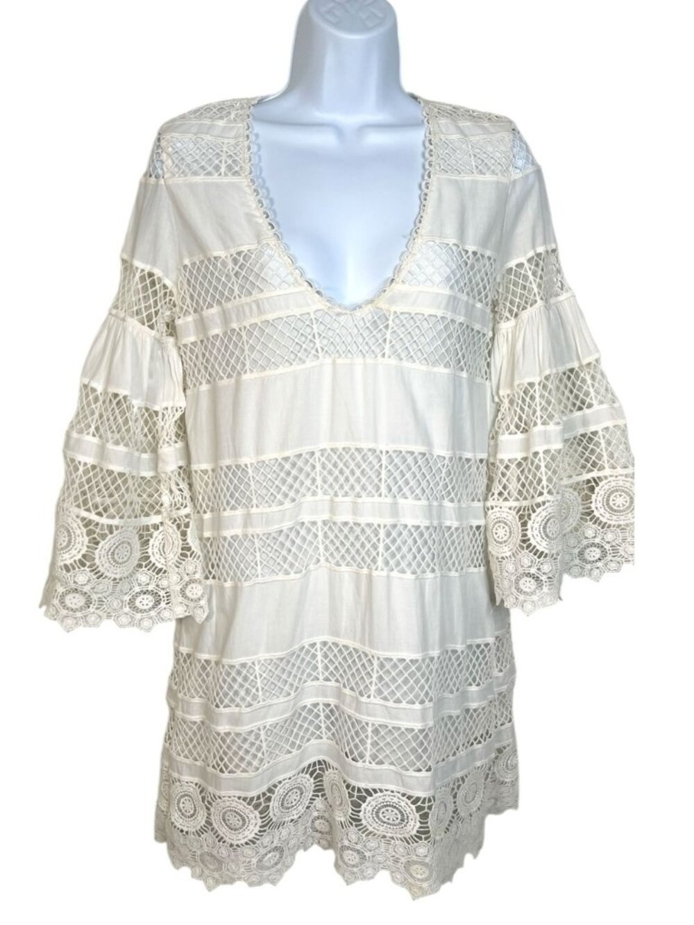 Alexis Lace Mini Dess Boho Bell Sleeve Striped Shift Ivory White  XS - Picture 2 of 11